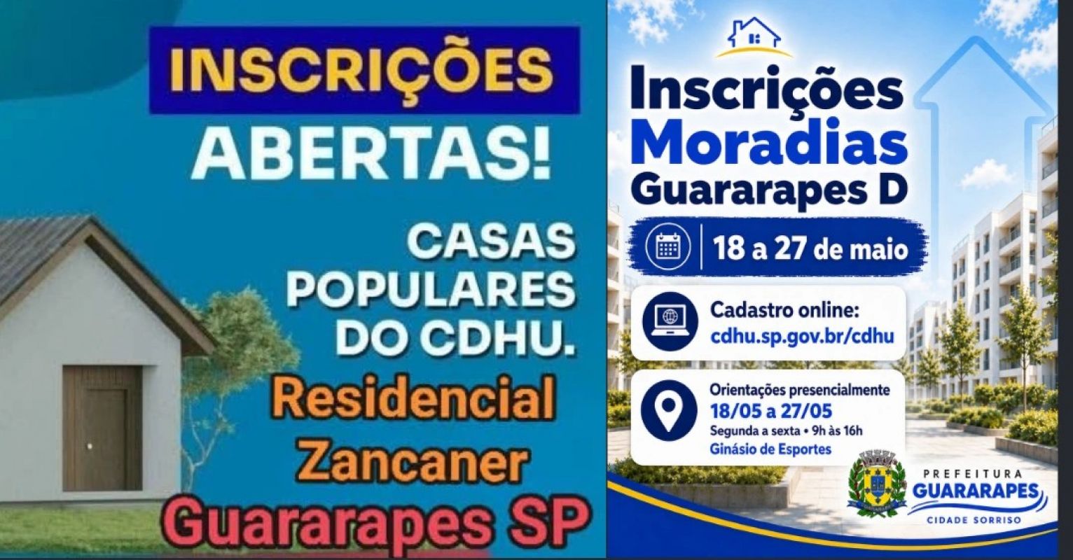 Prefeitura abre inscrições para 205 moradias do CDHU em  Guararapes 